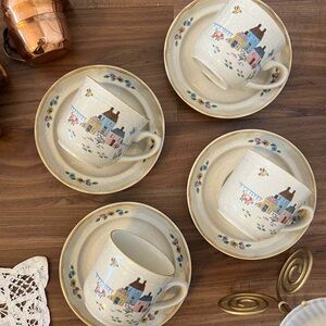 Vintage Cottage Teacup and Saucer Set - Cream with Pastel Floral & House Motif